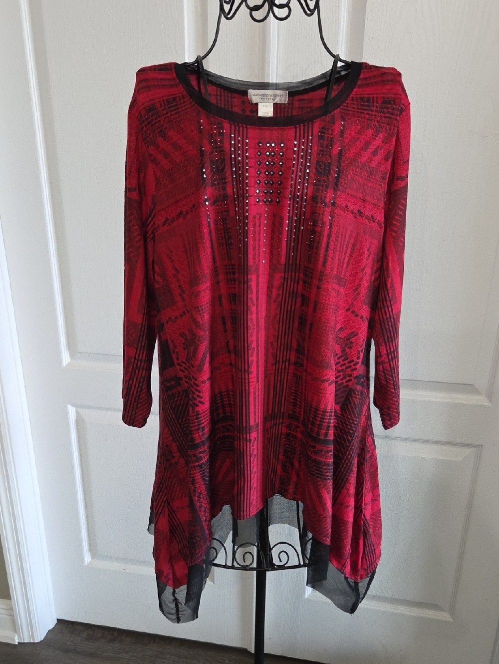 Christopher & Banks Red and Black Beaded Flowing Asymmetrical Tunic